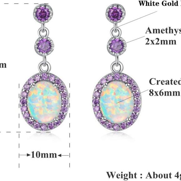 Fire Opal Amethyst Dangle Drop Earrings 18K White Gold/Rose Gold Plated Opal Jew - Picture 6 of 6